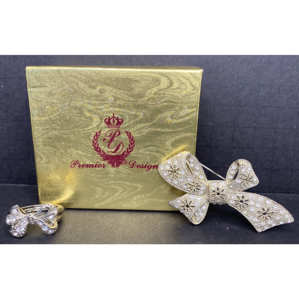 Vintage Premier Designs Jewelry Silver Tone Bow Brooch & Ring SKU PD57‎